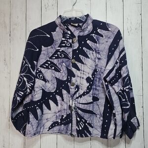 Vintage Ann Maurice Batik Purple Clay Art to Wear Cotton Jacket Shirt One Size.